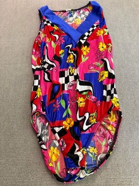 Vintage 80s 90s Aerobics Dance Leotard Abstract Floral USA Made Size L